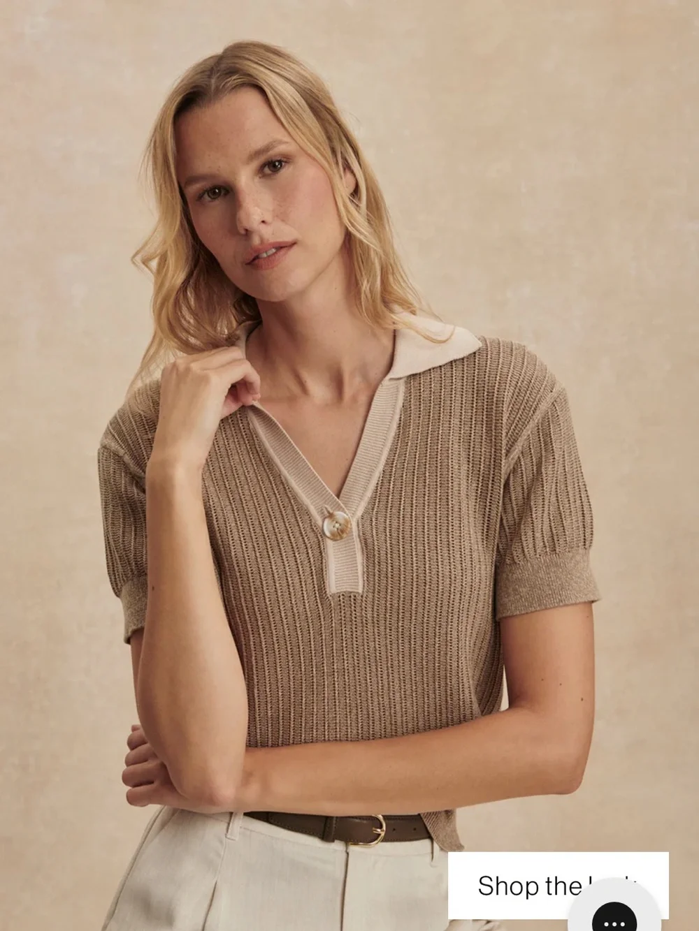 NWT🌷Varley Perrine Taupe Knit Polo V-Neck Short Sleeve Sweater
